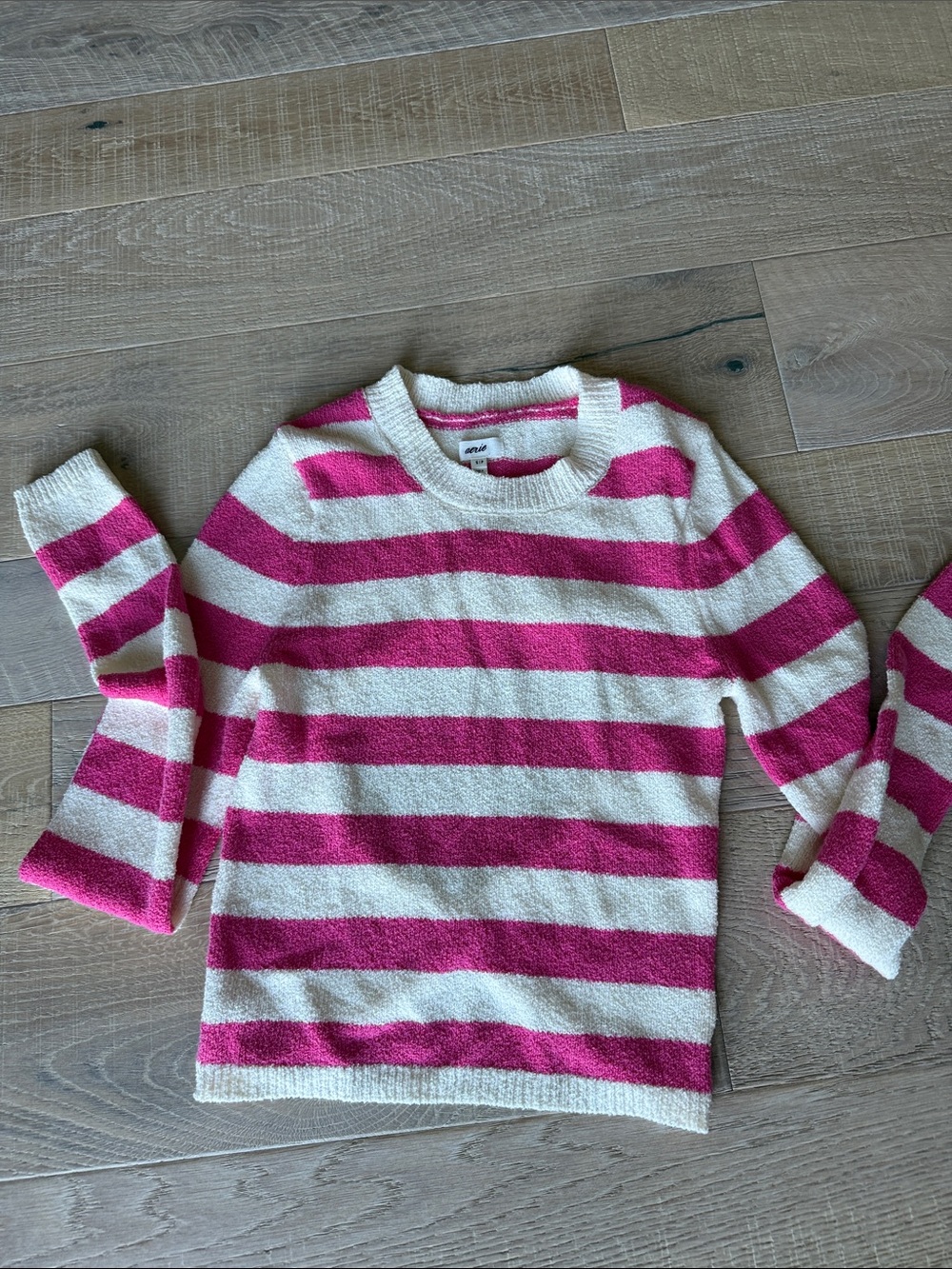 aerie Pink & Cream Striped Crewneck Sweater